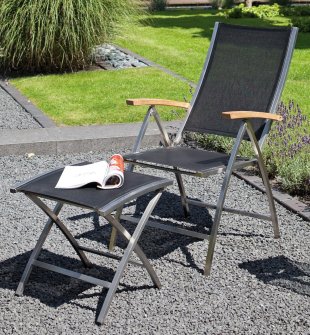 bequemer Garten-Klappstuhl mit Fußhocker aus witterungsbeständigen Edelstahl