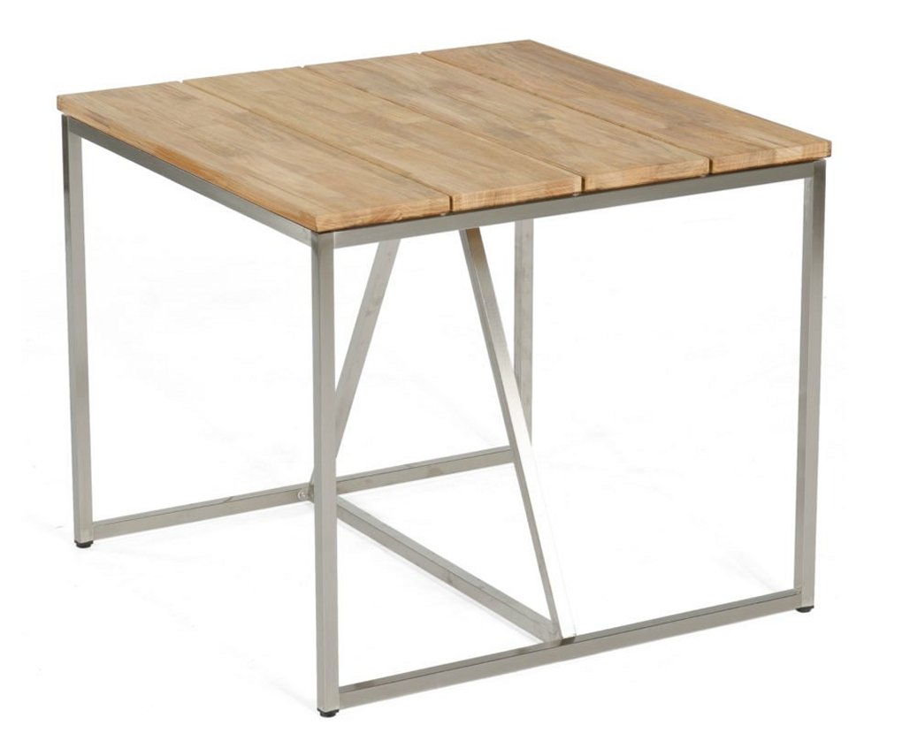 Edelstahl-Teak-Gartentisch 90 x 90 cm quadratischer Gartentisch Breite x Tiefe = 90 x 90 cm Edelstahl-Tischgestell Teak-Tischplatte