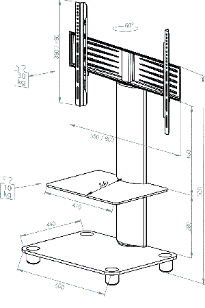 Skizze Flatscreen-Standfuß mit Laufrollen